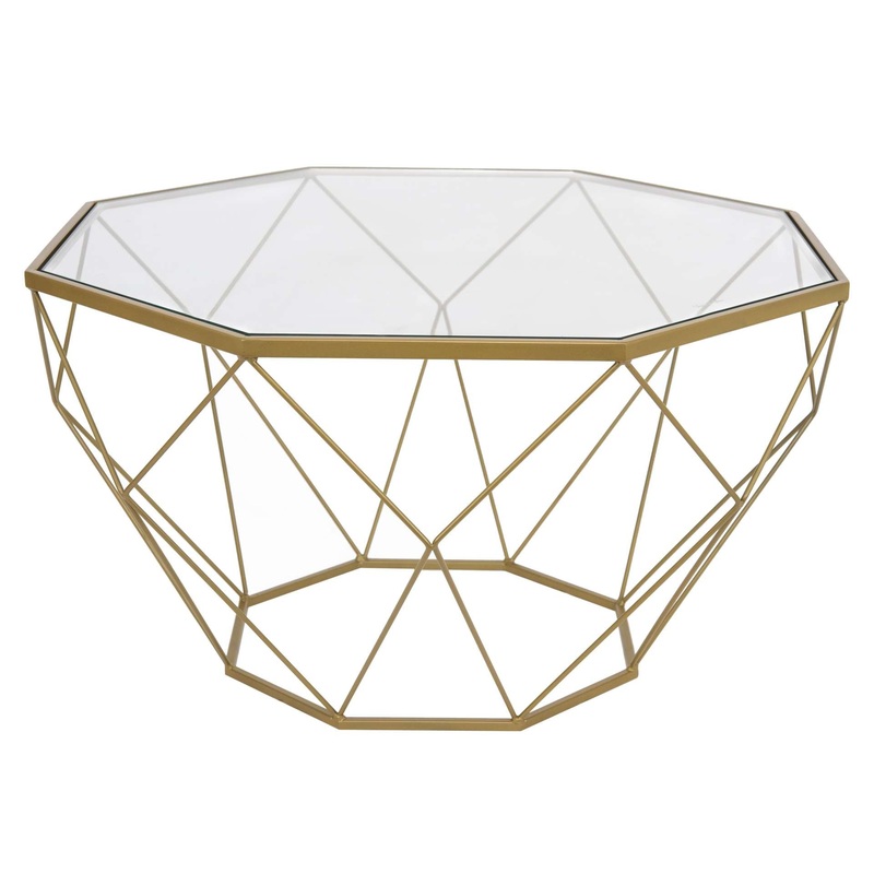 LeisureMod Malibu Large Modern Octagon Glass Top Coffee Table With Gold Chrome Base