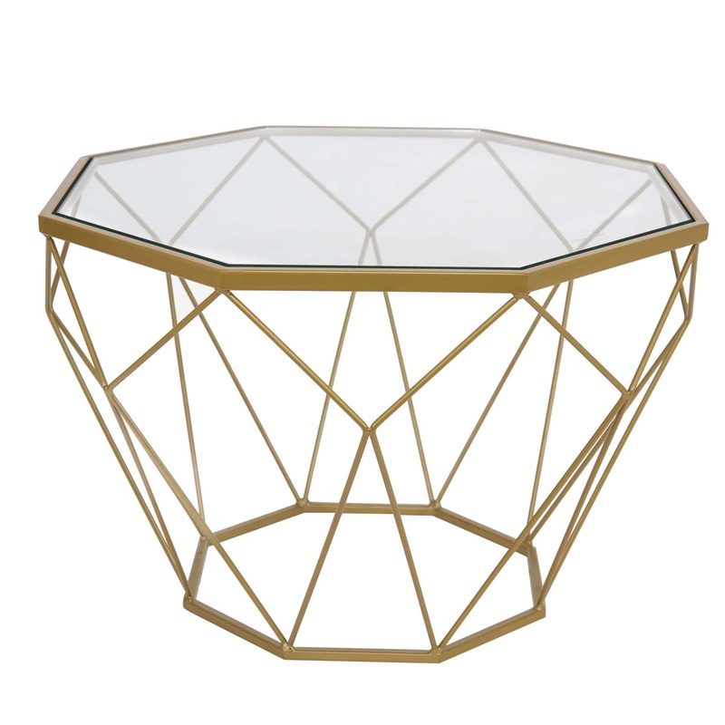 LeisureMod Malibu Modern Octagon Glass Top Coffee Table With Gold Chrome Base
