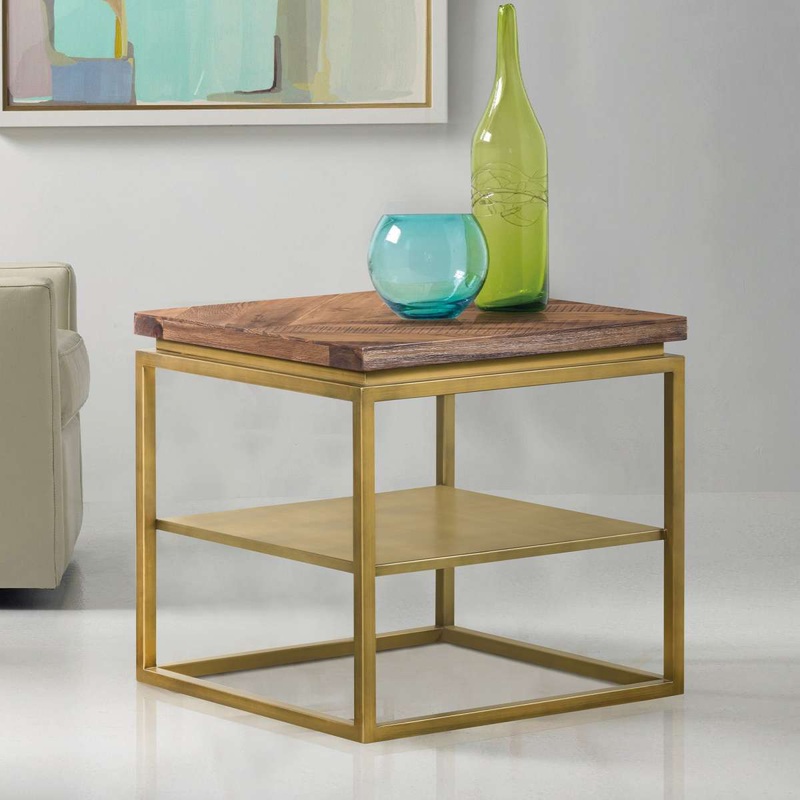 Faye Rustic Brown Wood Side table with Shelf and Antique Brass Base By Armen Living