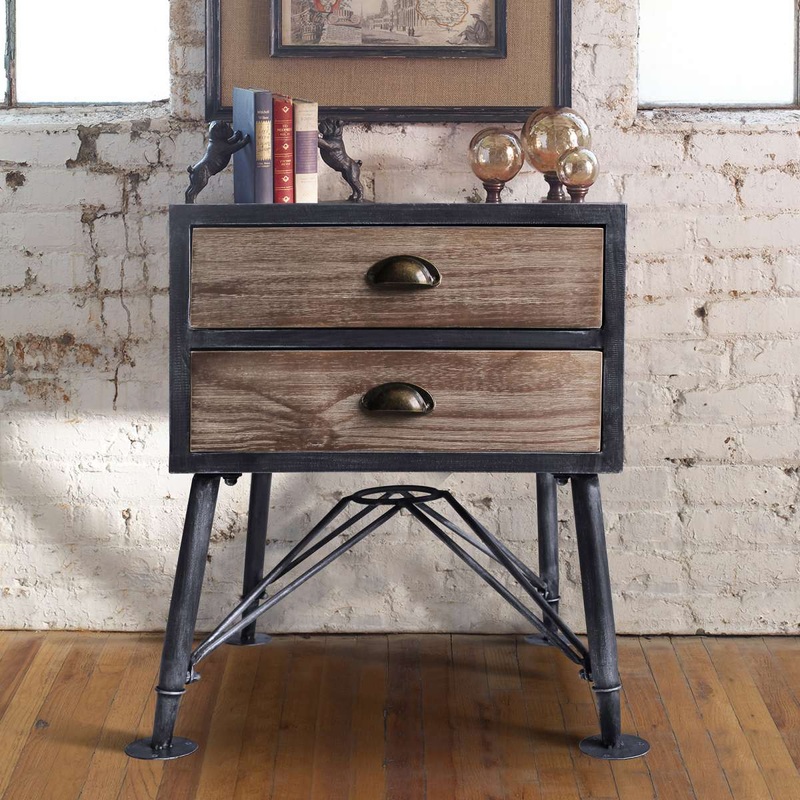 Mathis Industrial 2-Drawer End Table in Industrial Gray and Pine Wood By Armen Living