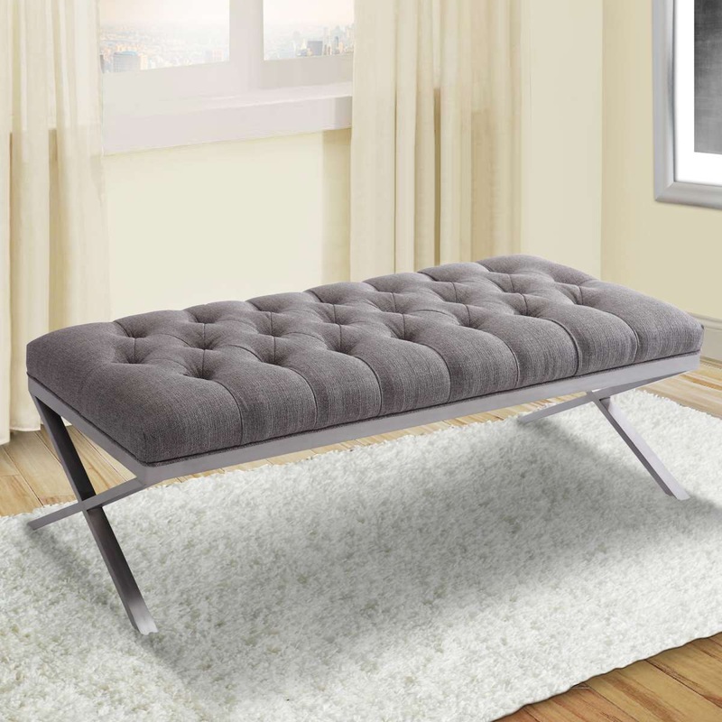Milo Bench in Brushed Stainless Steel finish with Gray Fabric By Armen Living
