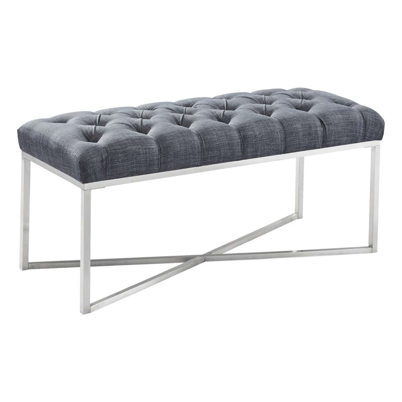 Noel Contemporary Bench in Slate Gray Linen and Brushed Stainless Steel Finish By Armen Living