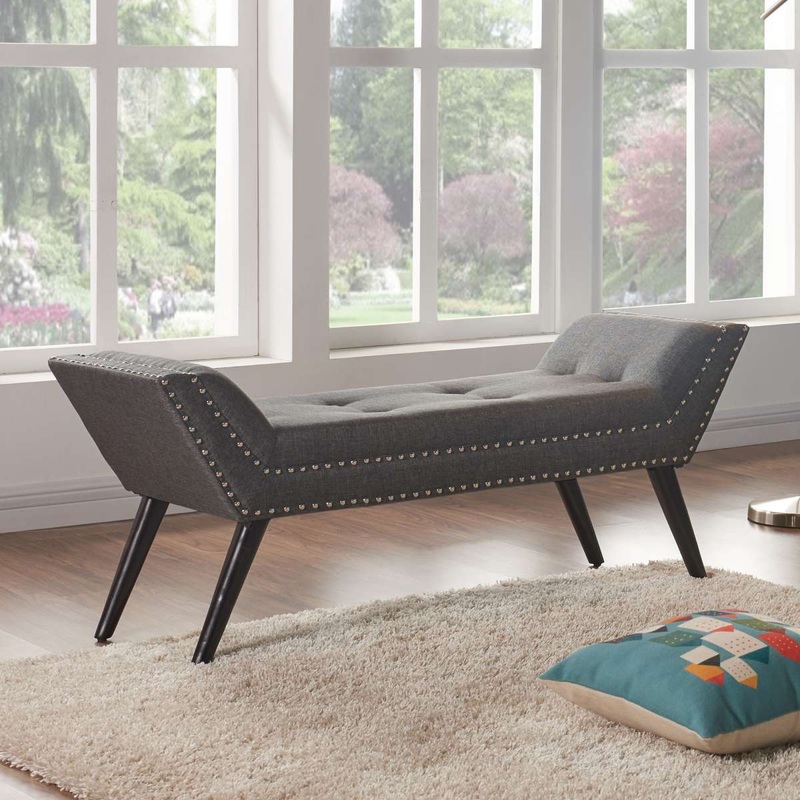 Porter Ottoman Bench in Charcoal Fabric with Nailhead Trim and Espresso Wood Legs By Armen Living