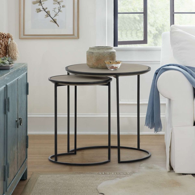 Rina Concrete and Black Metal 2 Piece Nesting End Table Set By Armen Living