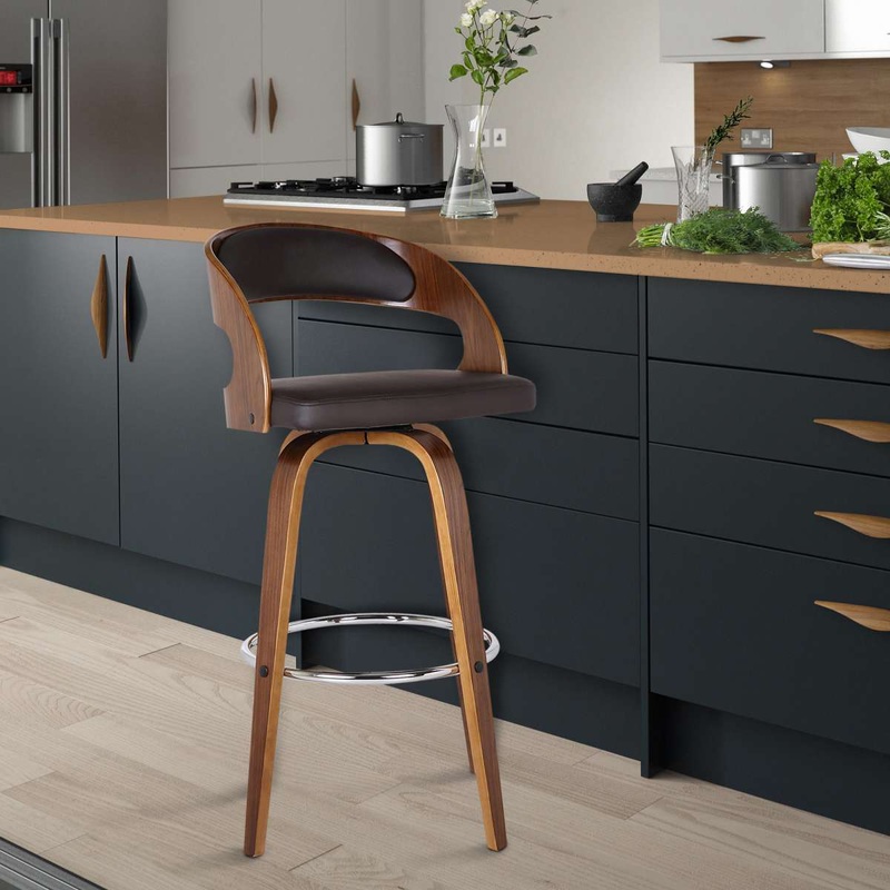 Shelly 26" Counter Height Swivel Brown Faux Leather and Walnut Wood Bar Stool By Armen Living