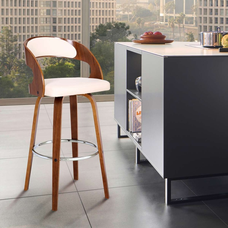 Shelly 26" Counter Height Swivel Cream Faux Leather and Walnut Wood Bar Stool By Armen Living