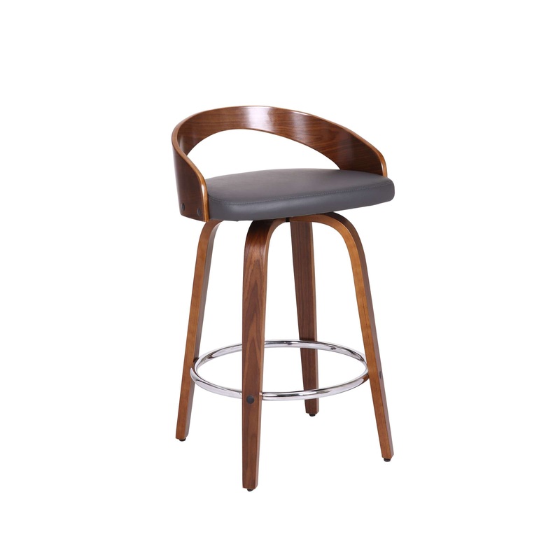 Sonia 26" Counter Height Swivel Grey Faux Leather and Walnut Wood Bar Stool By Armen Living