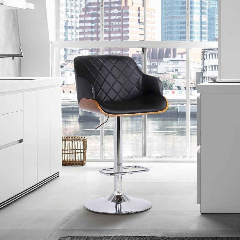 Toby Black Faux Leather Adjustable Height Swivel Walnut Wood and Chrome Bar Stool By Armen Living