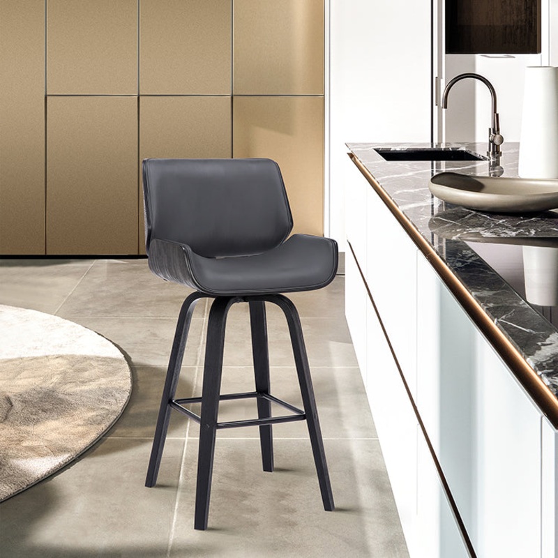 Tyler 26" Counter Height Swivel Grey Faux Leather and Black Wood Bar Stool By Armen Living