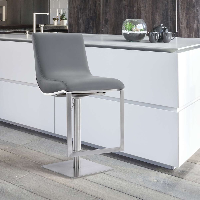 Victory Contemporary Swivel Barstool in Brushed Stainless Steel and Gray Faux Leather By Armen Living