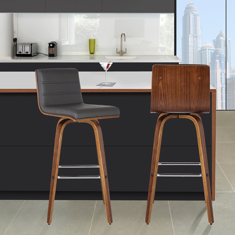 Vienna 26" Counter Height Swivel Grey Faux Leather and Walnut Wood Bar Stool By Armen Living