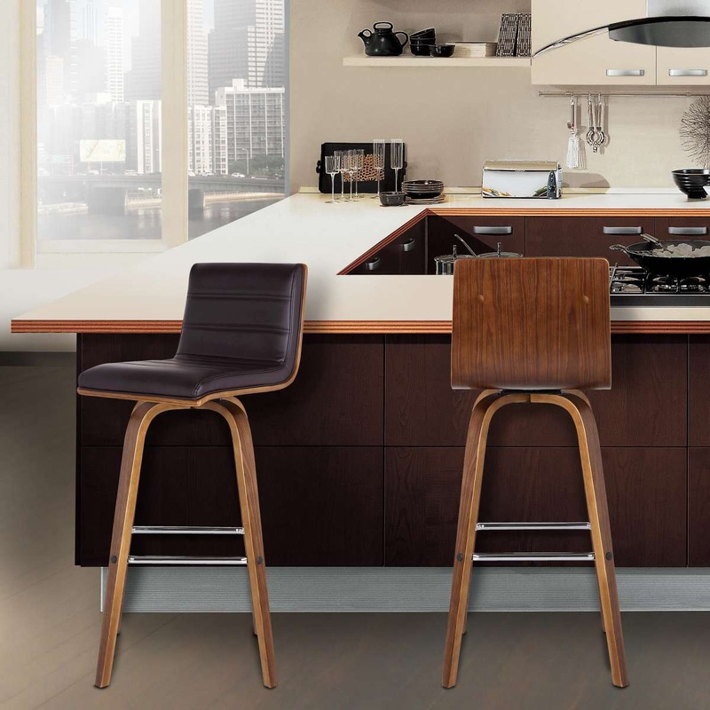 Vienna 30" Bar Height Swivel Brown Faux Leather and Walnut Wood Bar Stool By Armen Living