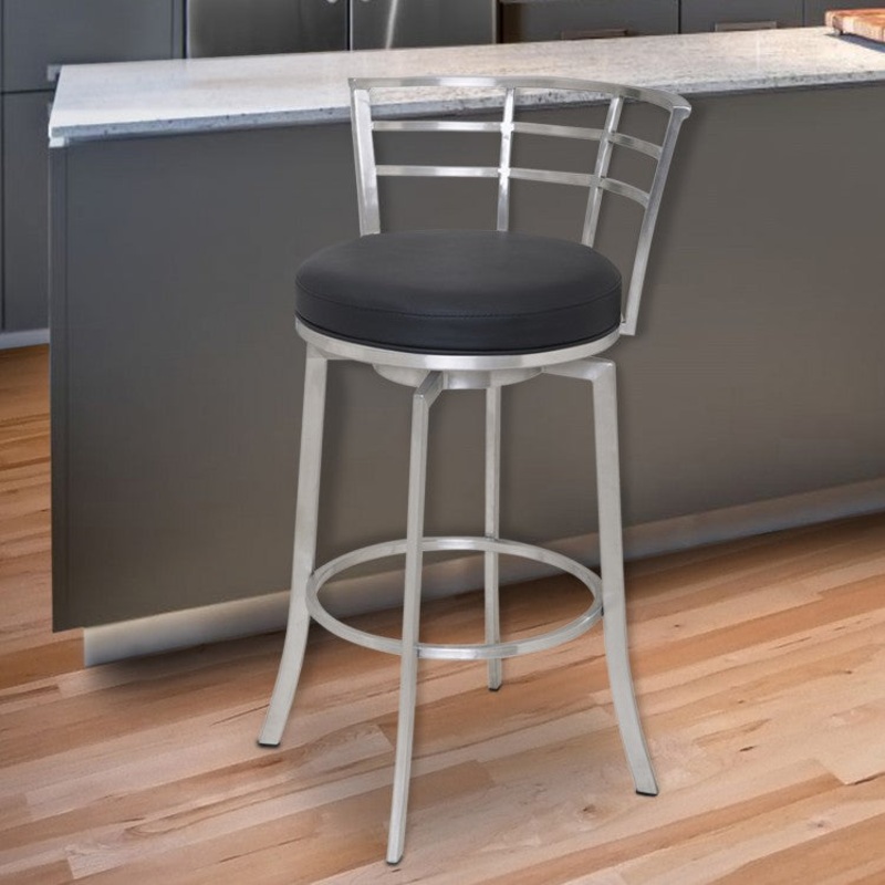 Viper 26" Counter Height Swivel Black Faux Leather and Brushed Stainless Steel Bar Stool By Armen Living