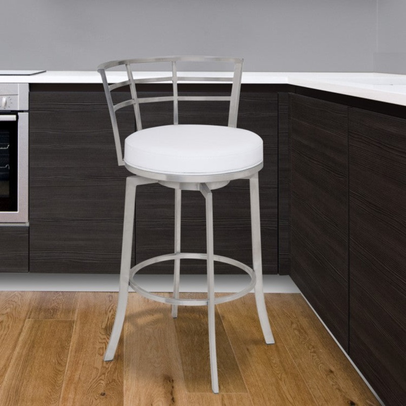 Viper 26" Counter Height Swivel White Faux Leather and Brushed Stainless Steel Bar Stool By Armen Living