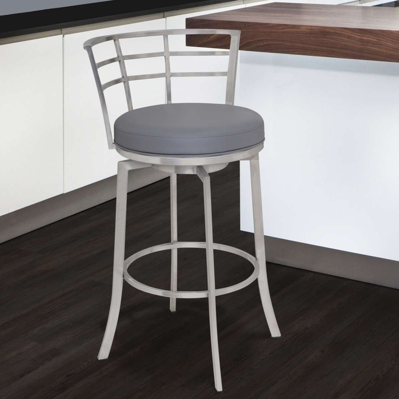 Viper 30" Bar Height Swivel Grey Faux Leather and Brushed Stainless Steel Bar Stool By Armen Living