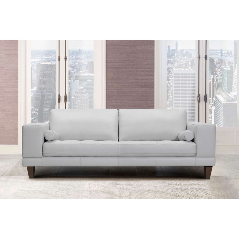 Wynne Contemporary Sofa in Genuine Dove Gray Leather with Brown Wood Legs By Armen Living