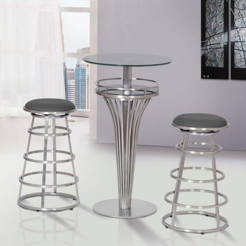 Yukon Contemporary Bar Table In Stainless Steel and Gray Frosted Glass By Armen Living