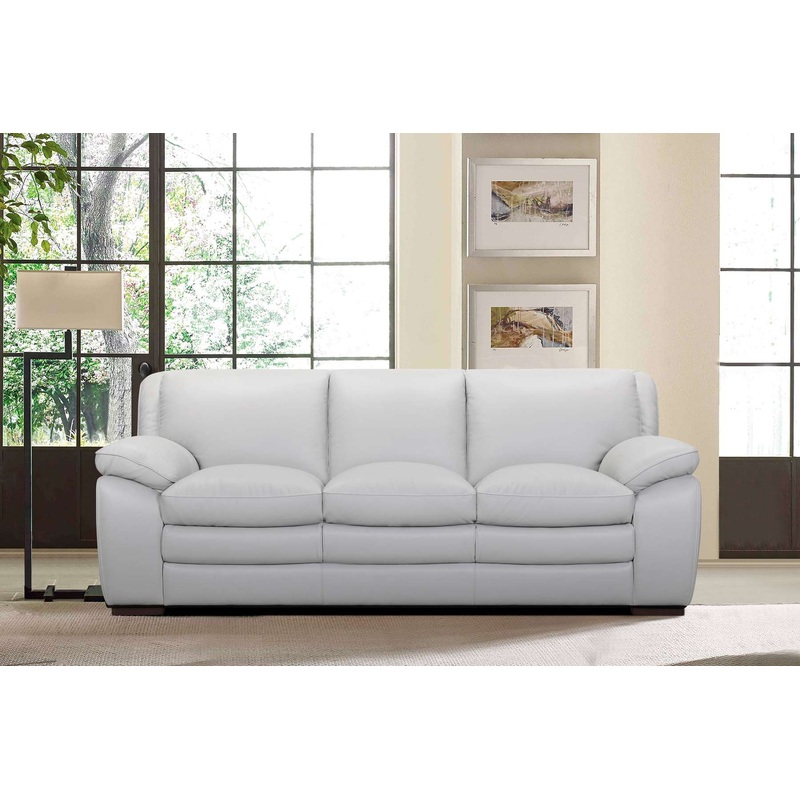 Zanna Contemporary Sofa in Genuine Dove Gray Leather with Brown Wood Legs By Armen Living