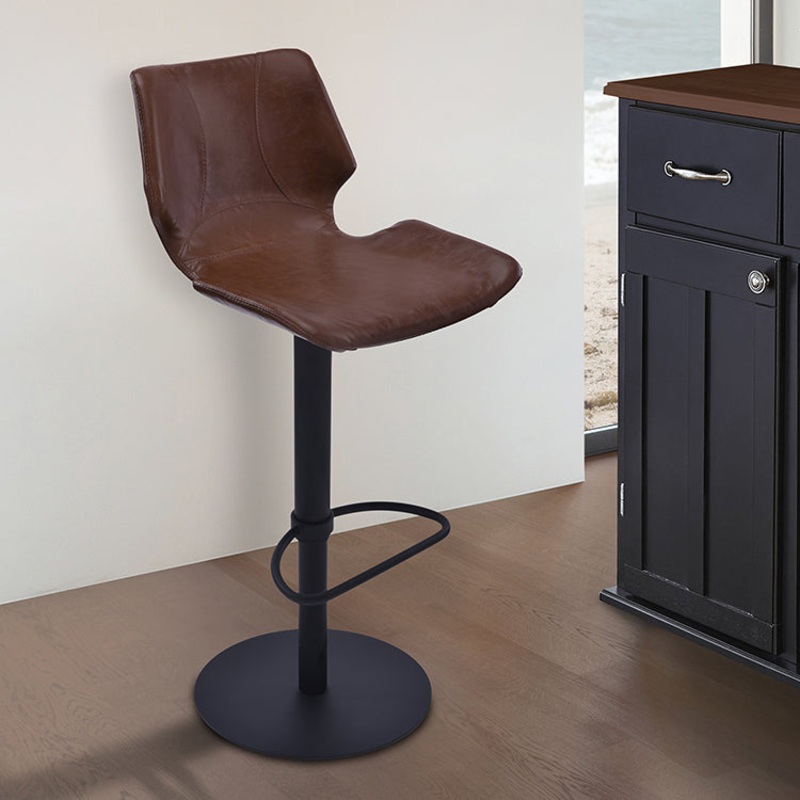 Zuma Adjustable Swivel Metal Barstool in Vintage Coffee Faux Leather and Black Metal Finish By Armen Living