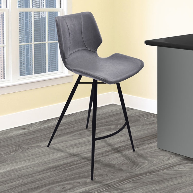 Zurich 26" Counter Height Metal Barstool in Vintage Gray Faux Leather and Black Metal Finish By Armen Living