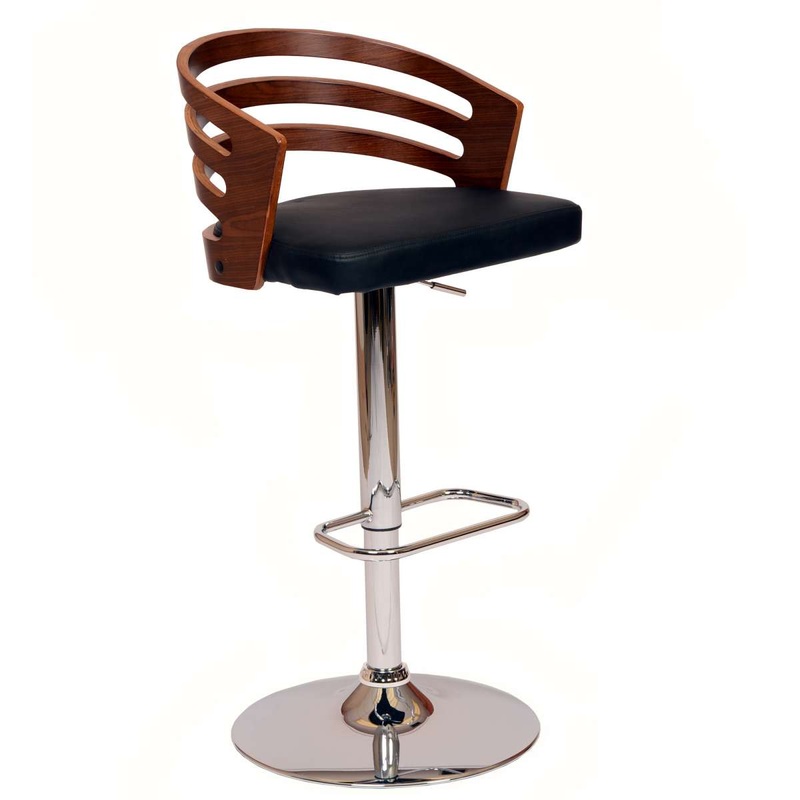 Adele Adjustable Height Swivel Black Faux Leather and Walnut Wood Bar Stool with Chrome Base By Armen Living