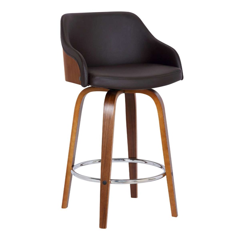 Alec 26" Counter Height Swivel Brown Faux Leather and Walnut Wood Bar Stool By Armen Living