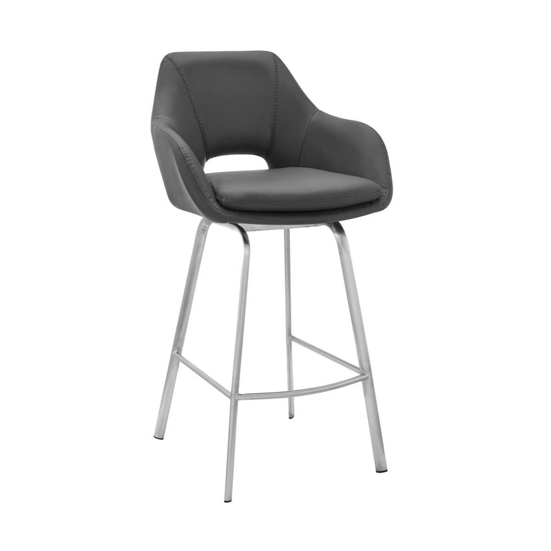 Aura Gray Faux Leather and Brushed Stainless Steel Swivel 30" Bar Stool By Armen Living