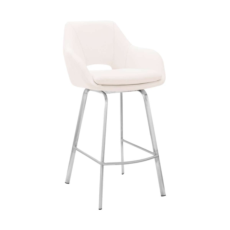 Aura White Faux Leather and Brushed Stainless Steel Swivel 26" Counter Stool By Armen Living