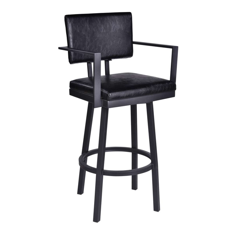Balboa 26" Counter Height Swivel Vintage Black Faux Leather and Metal Bar Stool with Arms By Armen Living