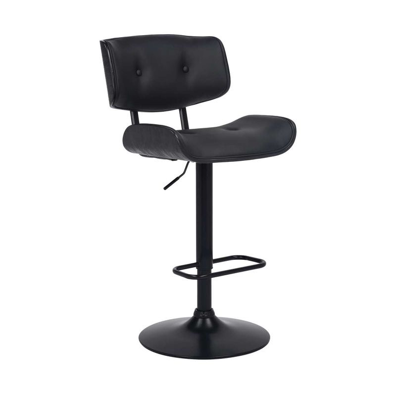 Brooklyn Adjustable Swivel Black Faux Leather and Black Wood Bar Stool with Black Base By Armen Living