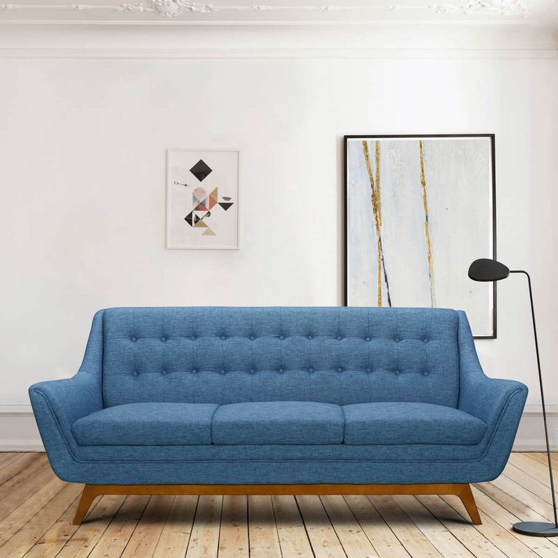 Janson Mid-Century Sofa in Champagne Wood Finish and Blue Fabric By Armen Living