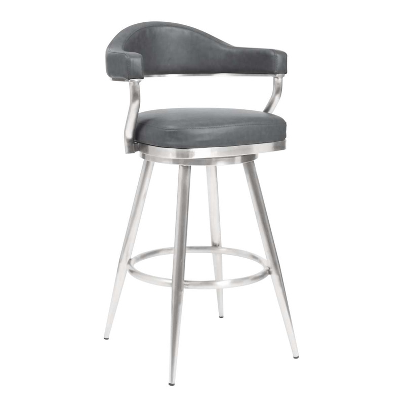 Amador 26" Counter Height Barstool in Brushed Stainless Steel and Vintage Gray Faux Leather By Armen Living