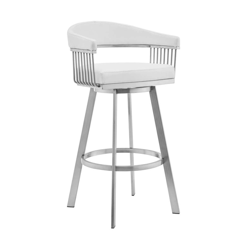 Bronson 26" White Faux Leather and Brushed Stainless Steel Swivel Bar Stool By Armen Living
