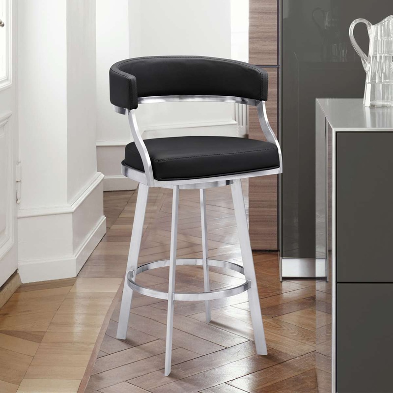 Saturn 26" Counter Height Swivel Black Faux Leather and Brushed Stainless Steel Bar Stool By Armen Living
