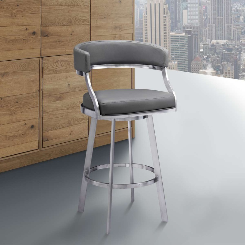 Saturn 26" Counter Height Swivel Grey Faux Leather and Brushed Stainless Steel Bar Stool By Armen Living