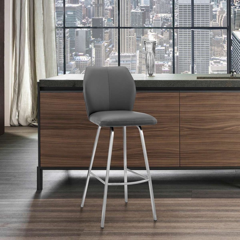 Tandy Gray Faux Leather and Brushed Stainless Steel 30" Bar Stool By Armen Living