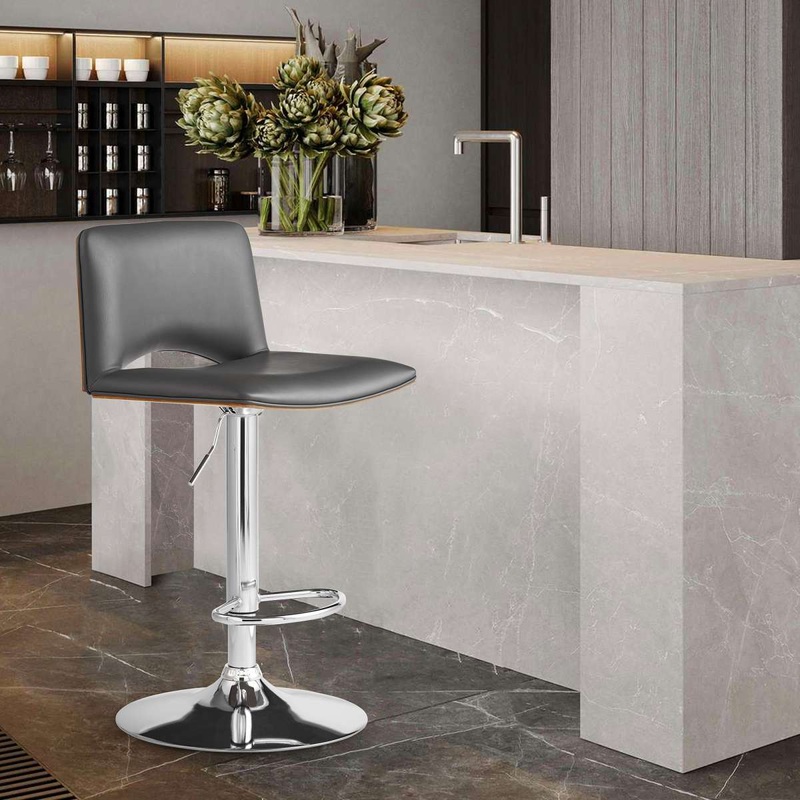 Thierry Adjustable Swivel Gray Faux Leather with Walnut Back and Chrome Bar Stool By Armen Living