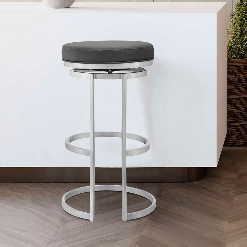 Vander 26" Gray Faux Leather and Brushed Stainless Steel Swivel Bar Stool By Armen Living