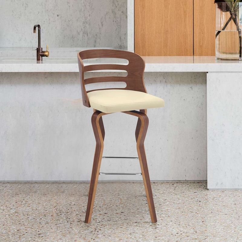 Verne 30" Swivel Cream Faux Leather and Walnut Wood Bar Stool By Armen Living