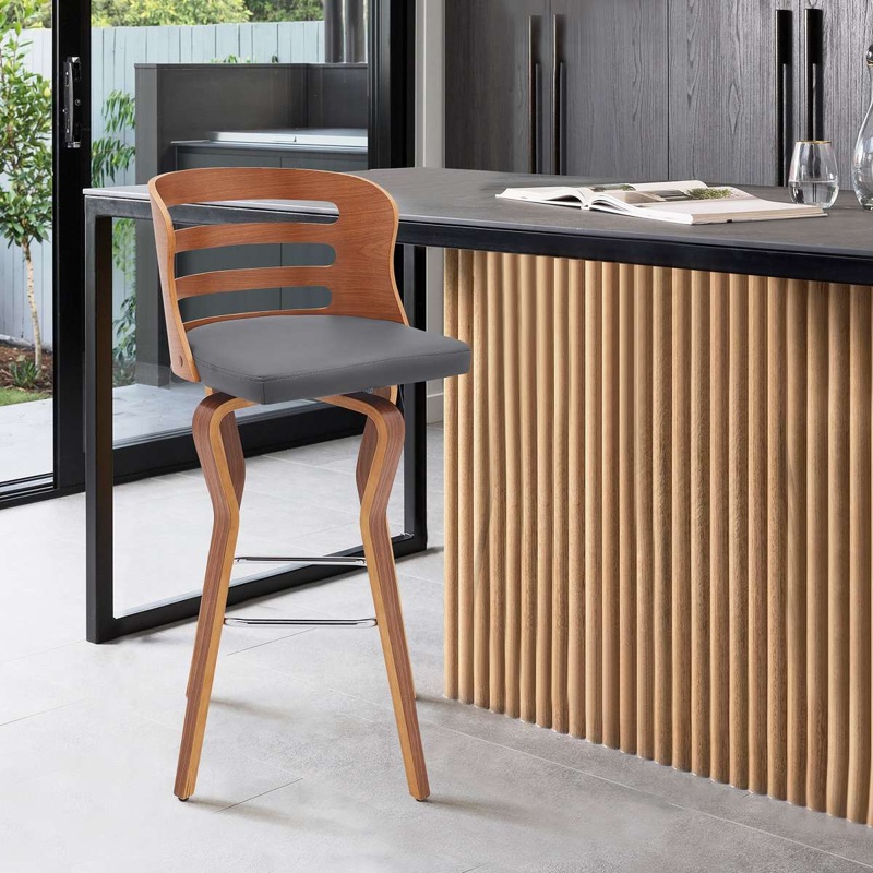 Verne 30" Swivel Gray Faux Leather and Walnut Wood Bar Stool By Armen Living