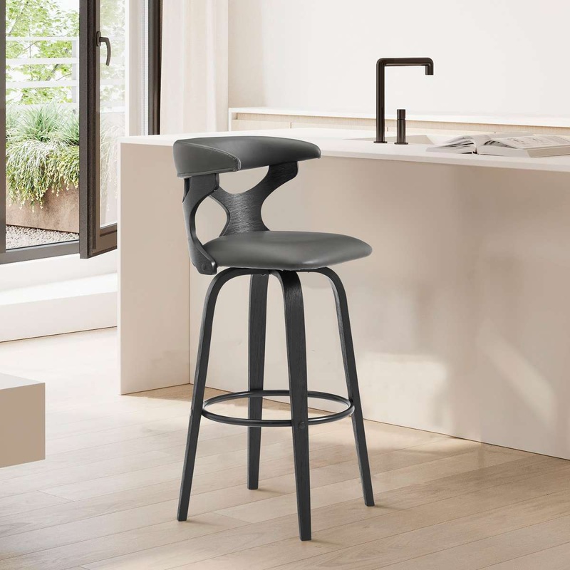 Zenia 26" Swivel Counter Stool in Gray Faux Leather and Black Wood By Armen Living