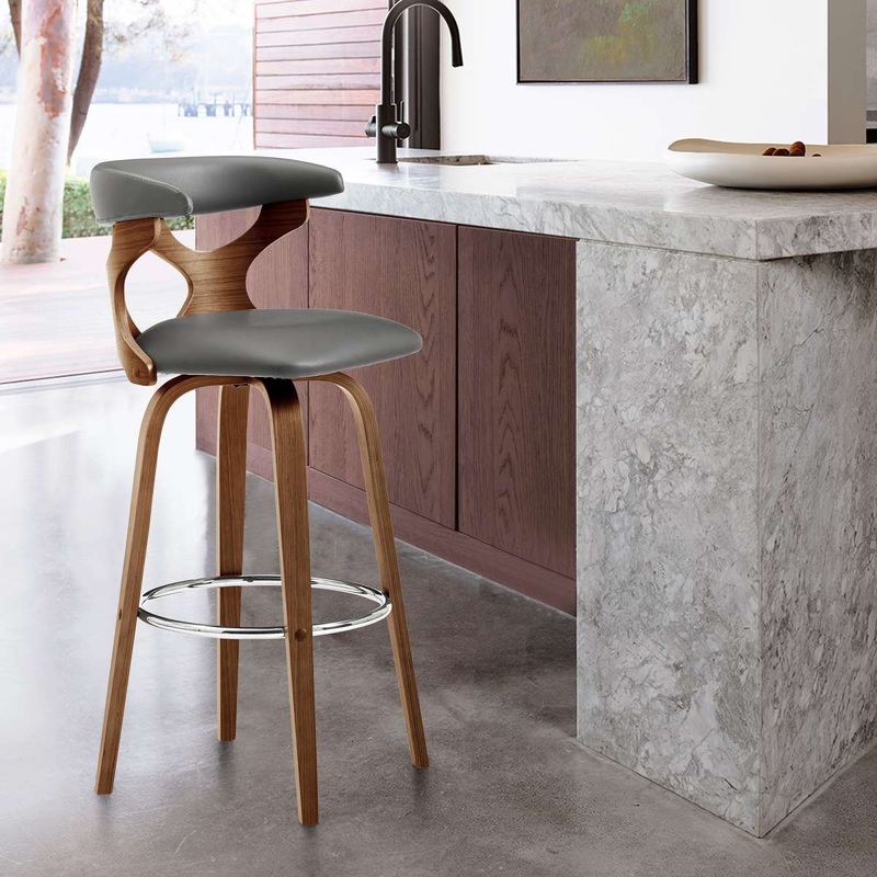 Zenia 26" Swivel Counter Stool in Gray Faux Leather and Walnut Wood By Armen Living