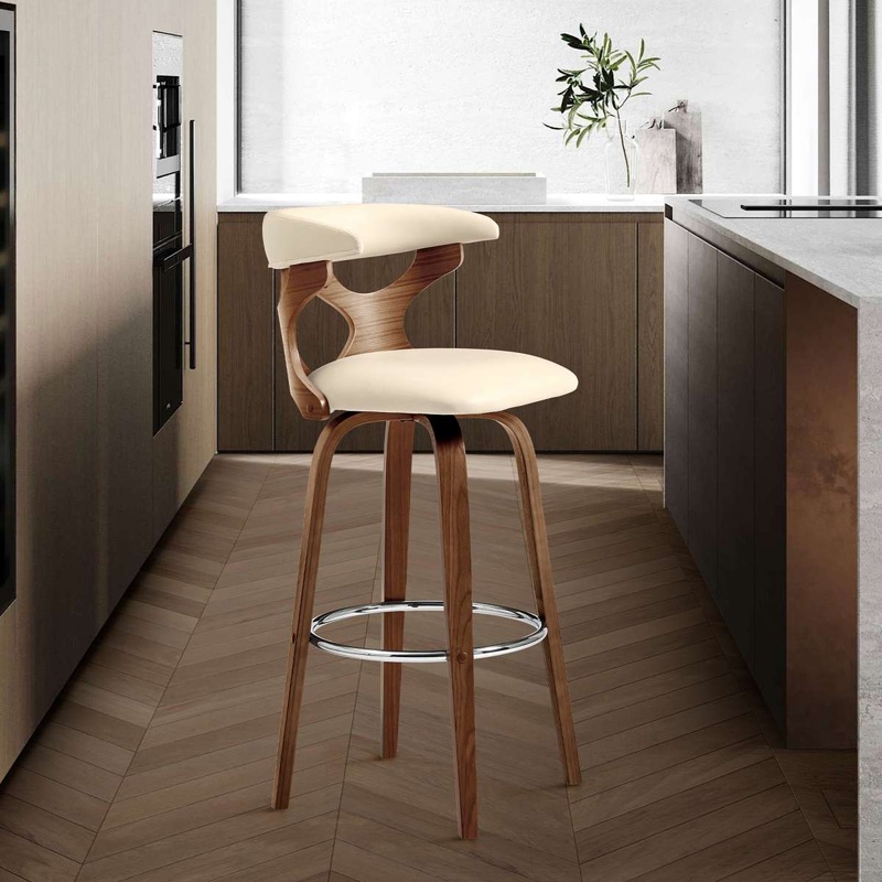 Zenia 30" Swivel Bar Stool in Cream Faux Leather and Walnut Wood By Armen Living