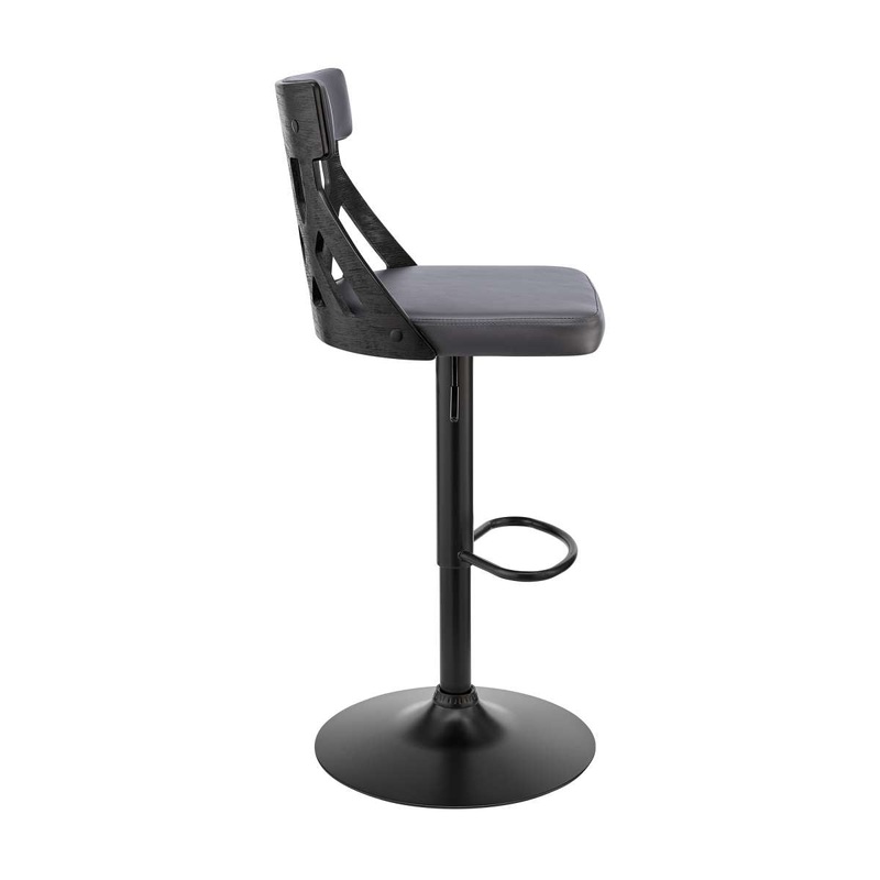 Angelo Adjustable Swivel Grey Faux Leather & Black Wood Bar Stool with Black Base By Armen Living