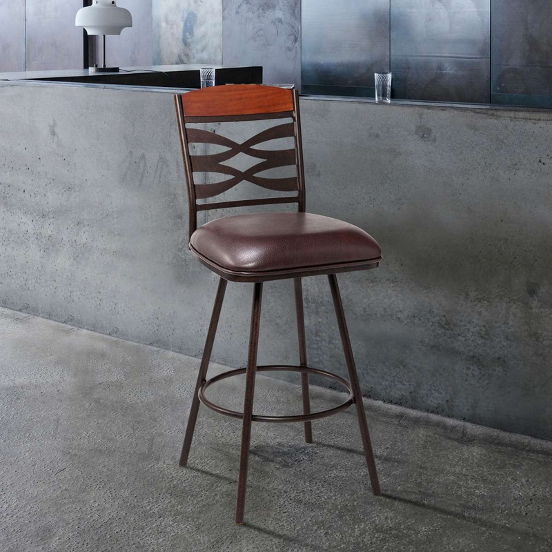Arden Contemporary 30" Bar Height Barstool in Auburn Bay Finish with Brown Faux Leather and Sedona Wood Finish Back By Armen Living