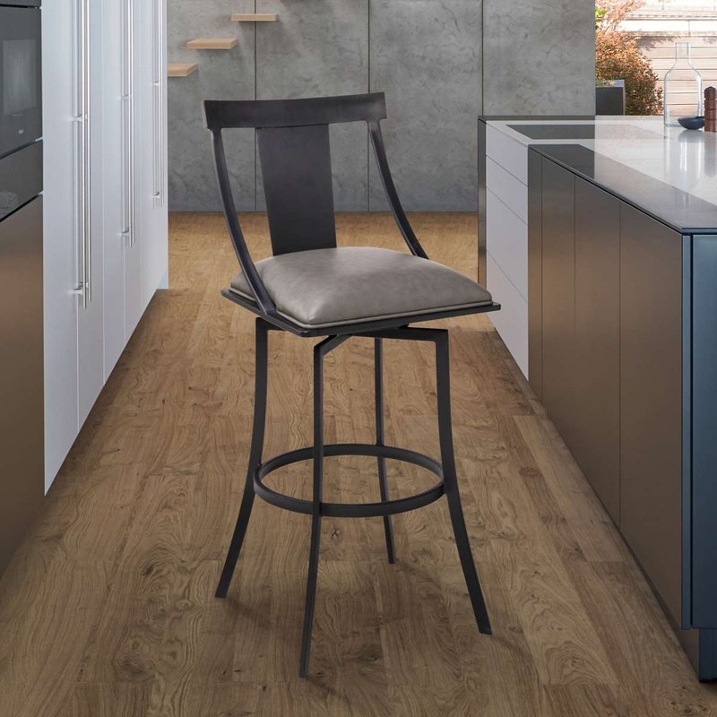 Brisbane Contemporary 30" Bar Height Barstool in Matte Black Finish and Vintage Gray Faux Leather By Armen Living