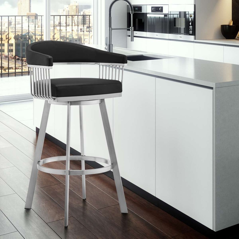 Bronson 26" Black Faux Leather and Brushed Stainless Steel Swivel Bar Stool By Armen Living