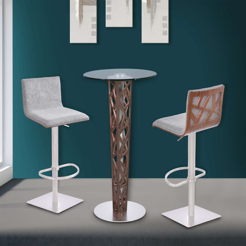 Crystal Bar Table with Walnut Veneer column and Brushed Stainless Steel finish with Clear Tempered Glass Top By Armen Living