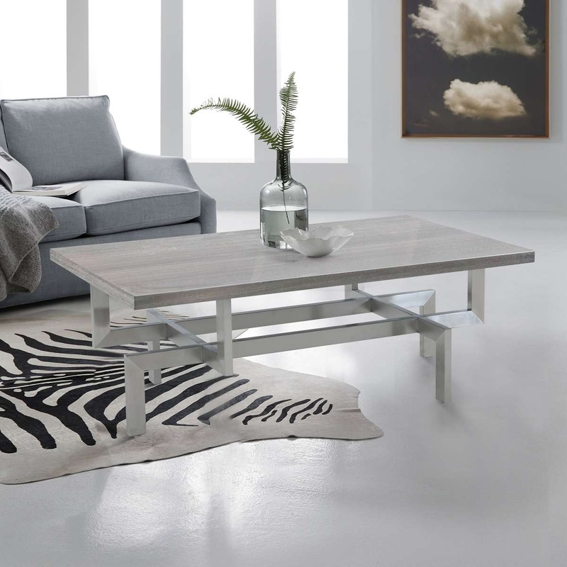 Illusion Gray Wood Coffee Table with Brushed Stainless Steel Base By Armen Living