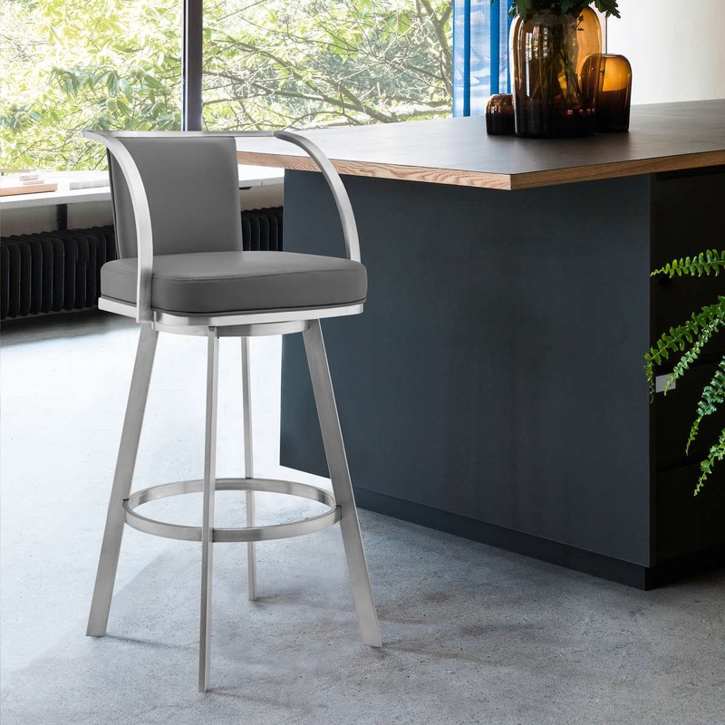 Sandringham 26" Gray Faux Leather and Brushed Stainless Steel Swivel Bar Stool By Armen Living